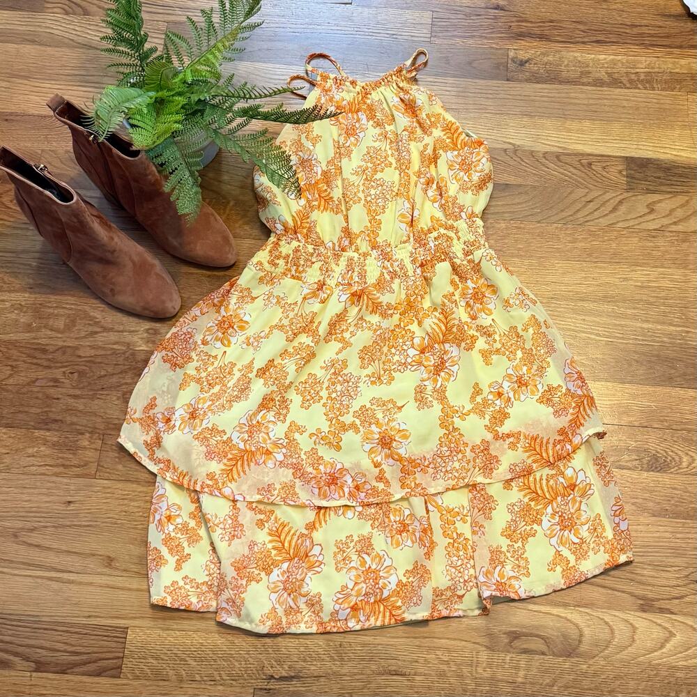 Collective Concepts Womens Small Yellow Orange Floral Cottage Ruffle Mini Dress